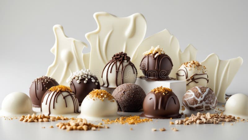 Assorted Chocolate Truffles with White Chocolate Decorations, Sweet Treats, and Nuts. stock photo