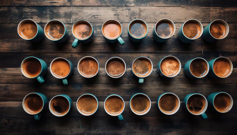 Căni de cafea asortate pe o priveliște rustică de masă din lemn, așezând compoziția atrăgătoare vector illustration