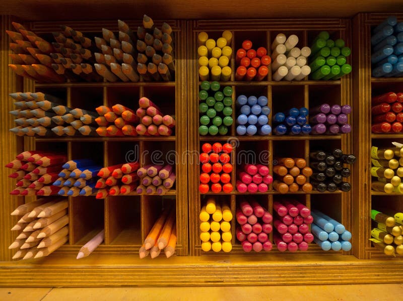 Assorted Colored Pencils and Crayons on an Art Shop Shelf Stock
