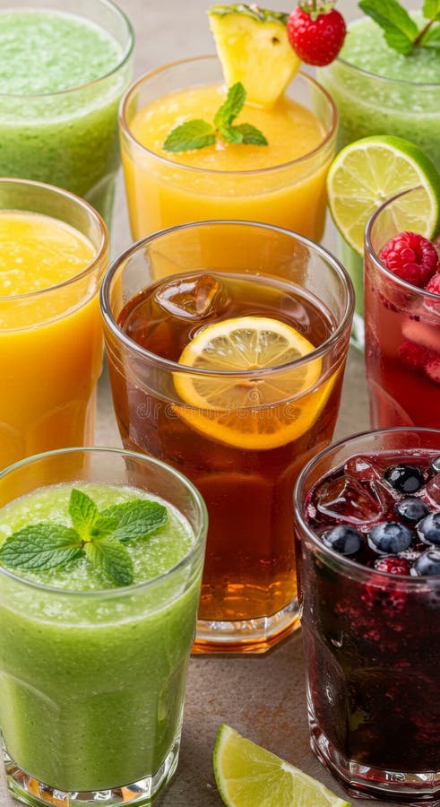 Assorted Colorful Fruit Smoothies and Iced Tea royalty free illustration
