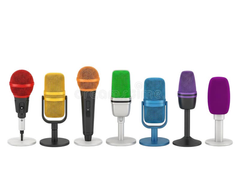 Assorted colorful microphones on stands stock illustration