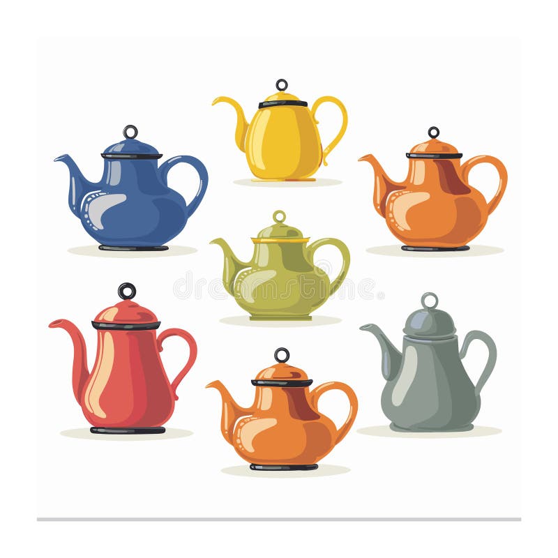 Coloane de rânduri asortate colorate cu teapouri colorate aranjate, cu culori diferite pentru design, cum ar fi culorile albastru vector illustration