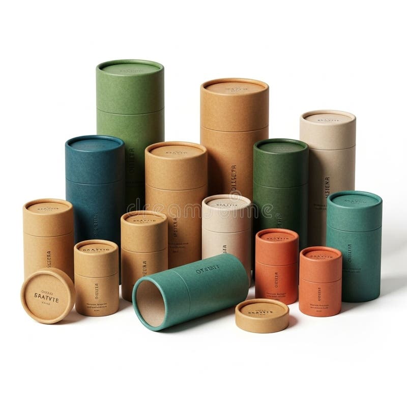 Assorted cylindrical cardboard containers in various sizes ar stock illustration