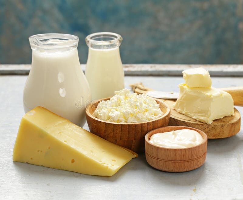 Assorted dairy products milk, yogurt, cottage cheese, sour cream