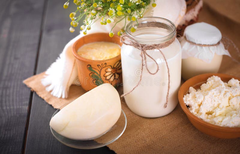 Assorted dairy products milk, yogurt, cottage cheese, sour cream. Rustic still life.