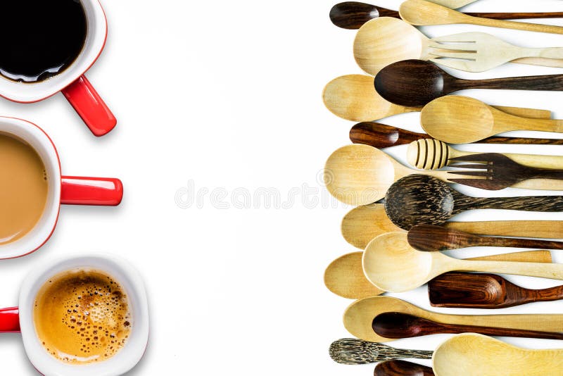 Assorted Different Kitchen Wooden Utensils Cutlery, Cup Coffee Stock
