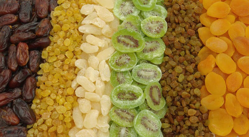 ASSORTED DRIED FRUITS. Six different types of dried fruits royalty free stock photo