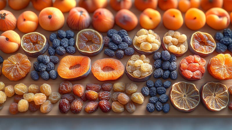Assorted dried fruits top view seamless pattern stock illustration