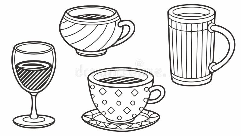 Assorted Drinkware Wine Glass Teacup Mug Beverage Line Art Vector, vector design Generative AI. A line art vector set of assorted drinkware, including a wine glass, a teacup with saucer, and a mug. This collection is perfect for restaurant menus, bar branding, kitchenware store advertisements, or illustrating various beverage options for now, vector design Generative AI