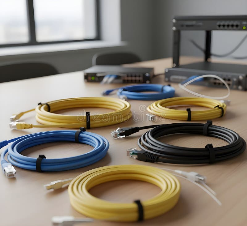 Assorted Ethernet Cables and Network Equipment royalty free illustration