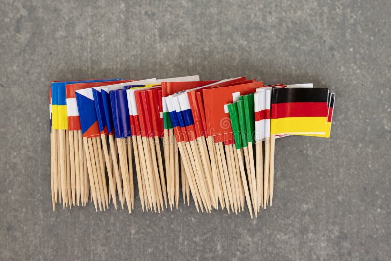 Assorted European Mini Flags on Wooden Toothpicks stock photos