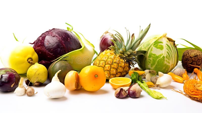 Assorted exotic tropical vegetables on white background isolate. Farm products for the store. AI generated. royalty free stock photo Assorted exotic tropical vegetables on white background isolate. Farm products for the store. AI generated. royalty free stock photo