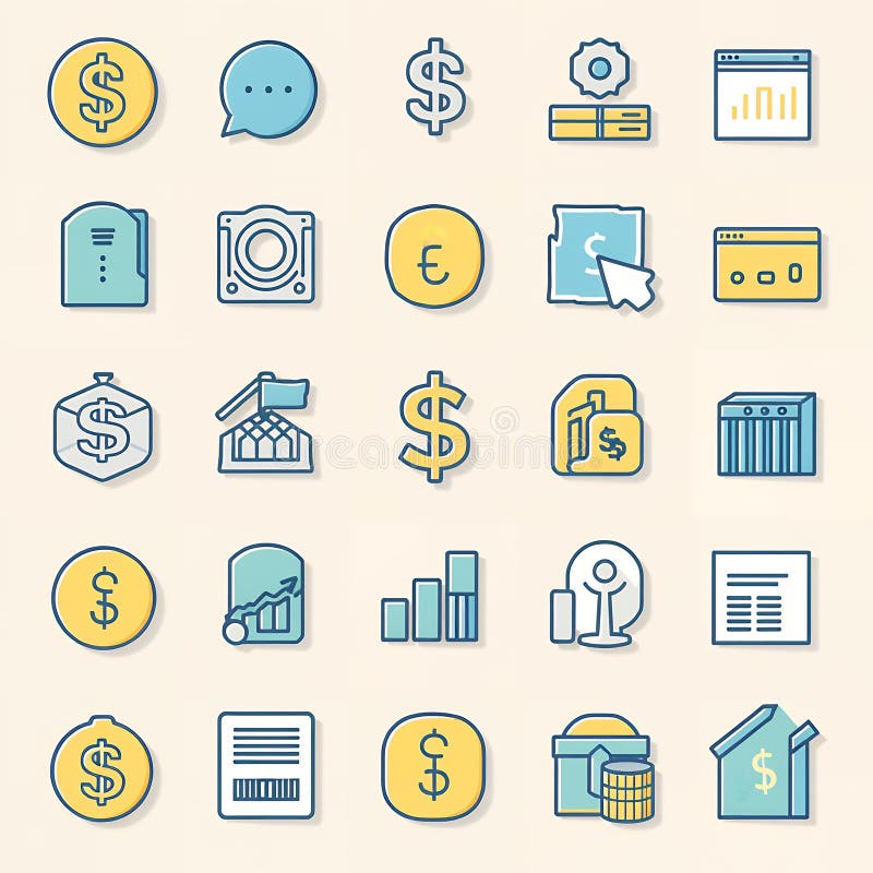 Assorted financial and business icons arranged in a grid pattern on a light background surface view royalty free illustration