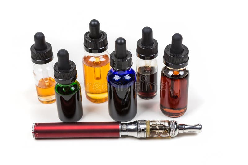 Assorted flavors of vape juice and an ecigarette on white background