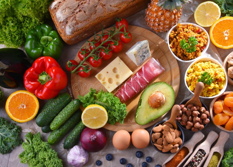 Assorted Food Products on Kitchen Table Stock Image Image of