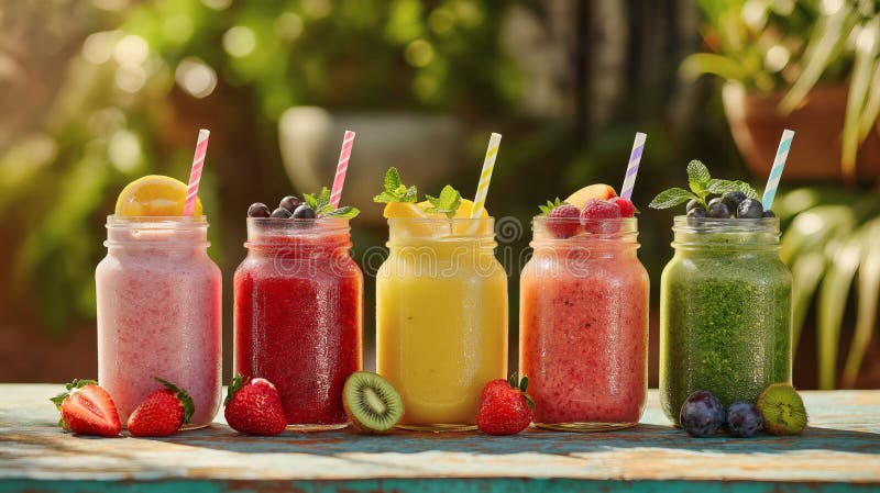 Assorted Fresh Fruit Smoothies in Colourful Jars royalty free illustration
