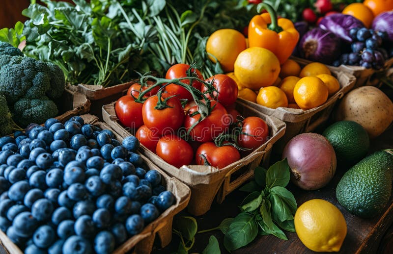 Assorted Fresh Fruits and Vegetables Displayed on a Table. A colorful array of fresh fruits and vegetables beautifully arranged on royalty free stock photography