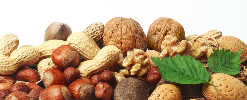 Assorted fresh nuts horizontal banner royalty free stock image