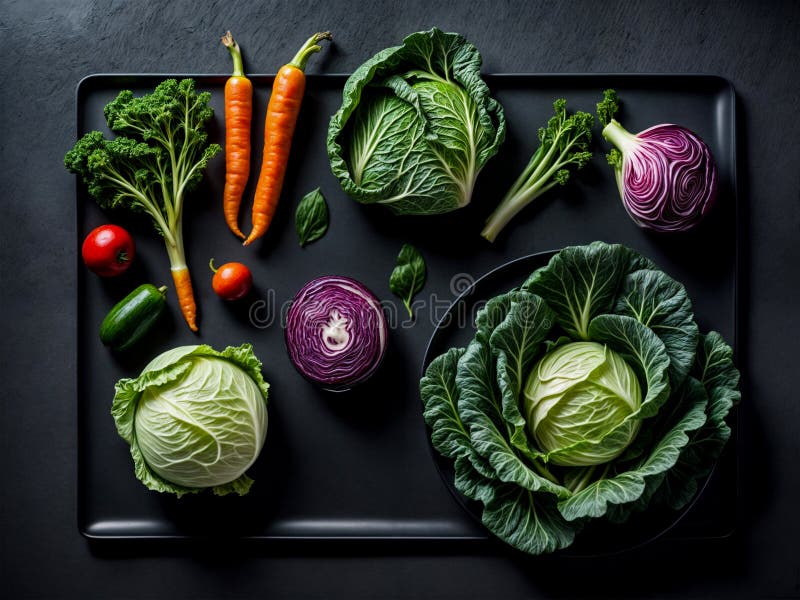 Assorted Fresh Vegetables on Dark Background Display. Generated by AI AI generated