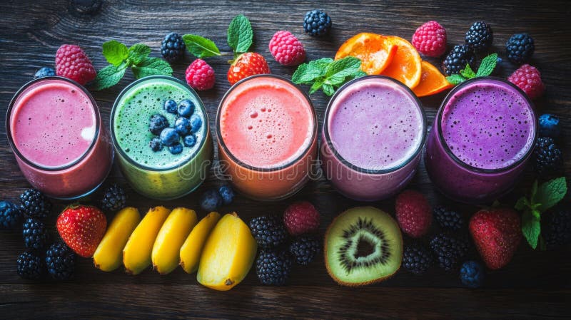 Assorted Fruit Smoothies with Fresh Berries on Wooden Background stock illustration