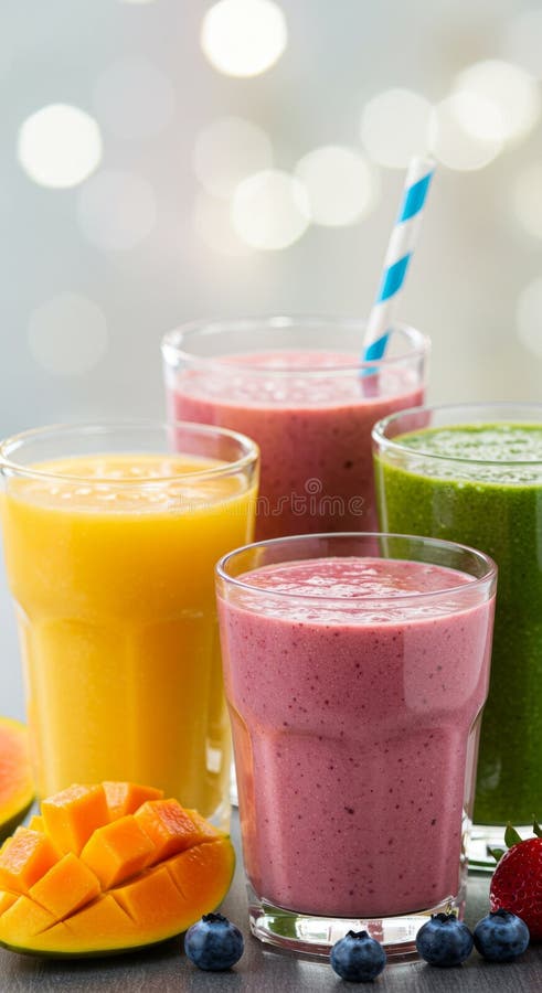 Assorted Fruit Smoothies in Glasses with Fresh Fruit stock illustration