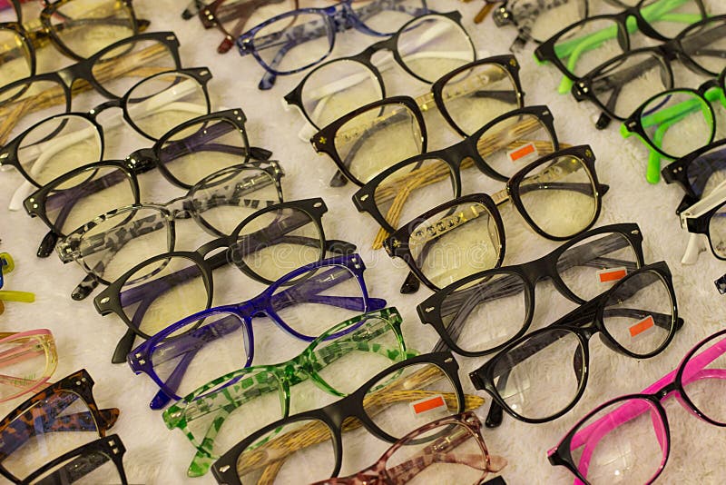 Assorted glasses at apparel and accessory shop. Cheap apparel