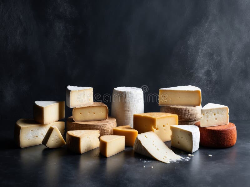 Assorted gourmet cheeses on a dark background. royalty free illustration