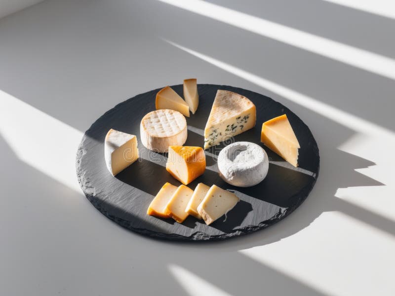 Assorted gourmet cheeses on a slate platter. stock illustration