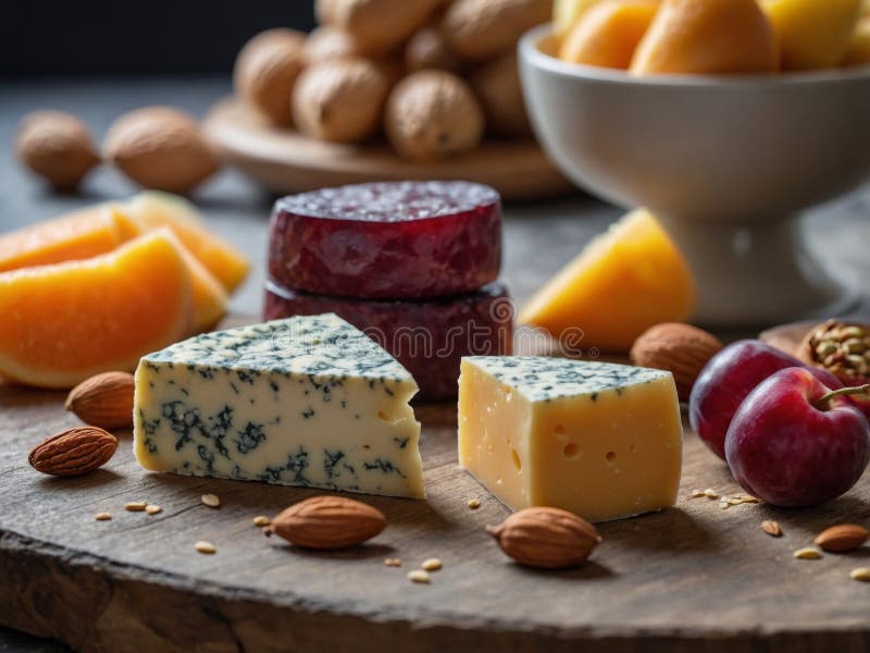 Assorted gourmet cheeses on a table with fruits and nuts. royalty free illustration