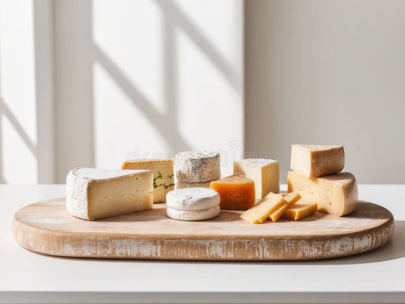 Assorted gourmet cheeses on a wooden serving board. vector illustration
