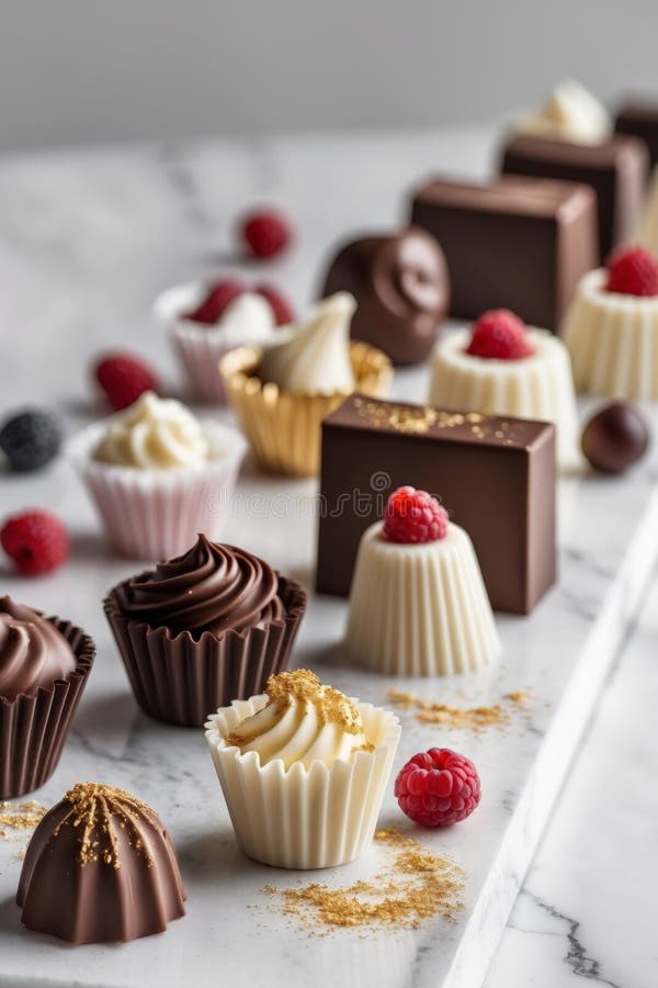 Assorted gourmet chocolate confectioneries delicately arranged for an inviting dessert display. royalty free illustration