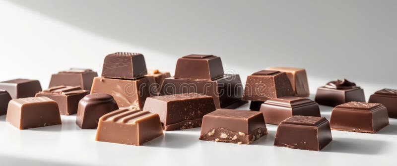 Assorted gourmet chocolate squares with varied textures and rich brown tones stock photo