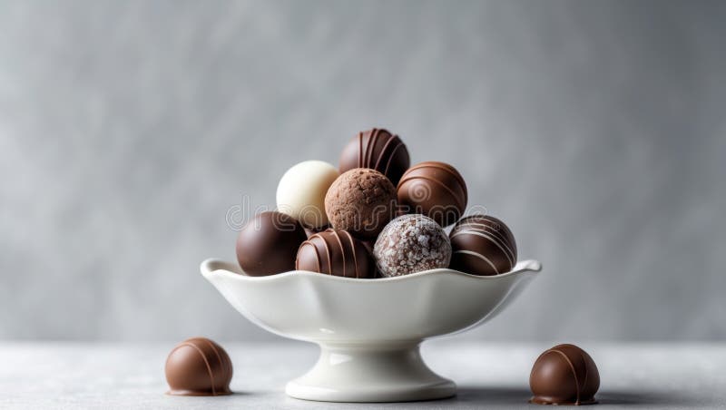 Assorted gourmet chocolate truffles in bowl on gray background stock image