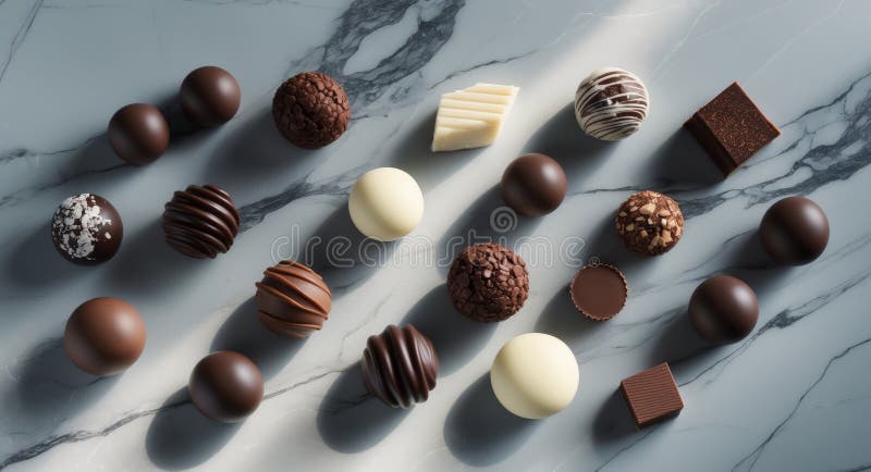 Assorted Gourmet Chocolate Truffles and Chocolates on Marble Background stock images