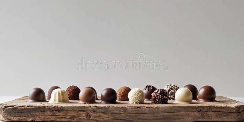 Assorted Gourmet Chocolate Truffles on Wooden Board stock photo