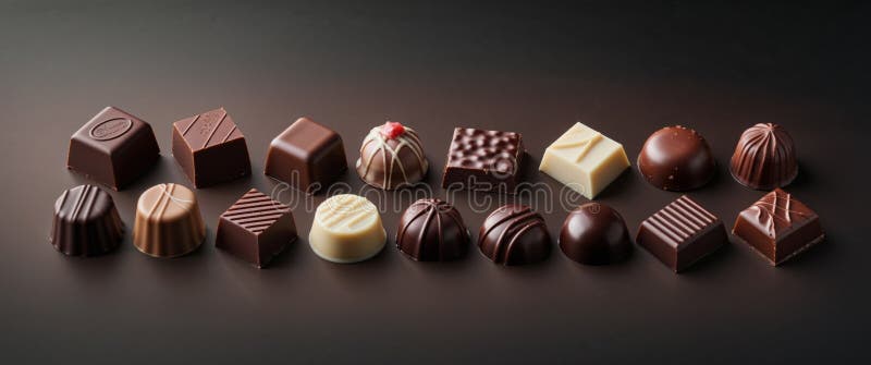 Assorted gourmet chocolates on dark background. royalty free stock photo