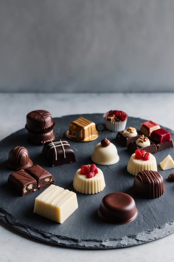 Assorted Gourmet Chocolates and Desserts on a Slate Platter. vector illustration