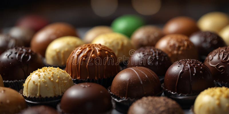 Assorted gourmet chocolates in a display case. stock image