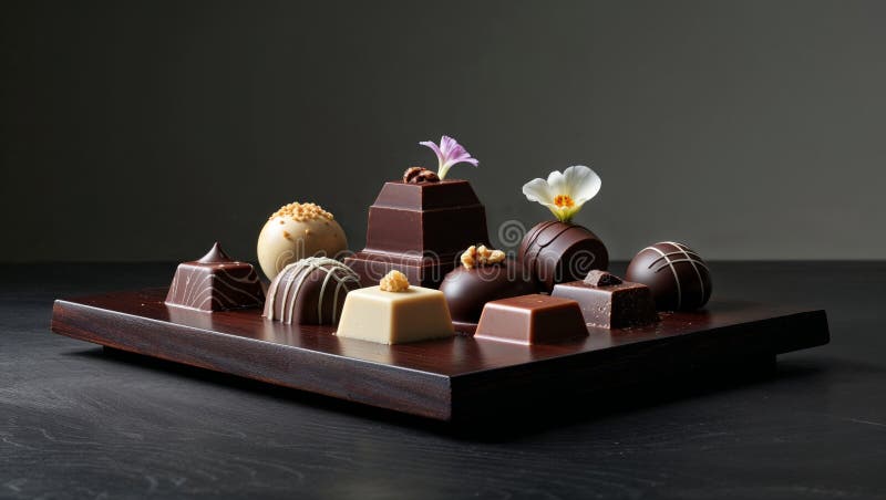 Assorted gourmet chocolates displayed on a wooden tray stock images