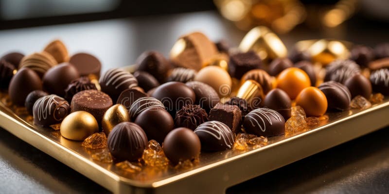 Assorted gourmet chocolates in a golden display tray. stock photo