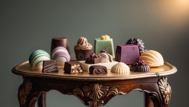 Assorted gourmet chocolates and sweets beautifully arranged on a decorative display table in an enchanting setting. royalty free stock photos