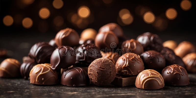 Assorted gourmet chocolates and truffles on a dark rustic background. stock illustration