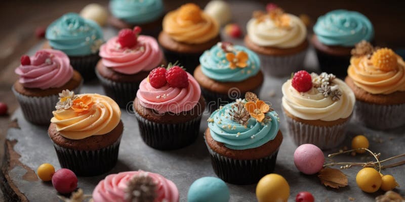 Assorted Gourmet Cupcakes with Creamy Icing and Decorations. royalty free stock image