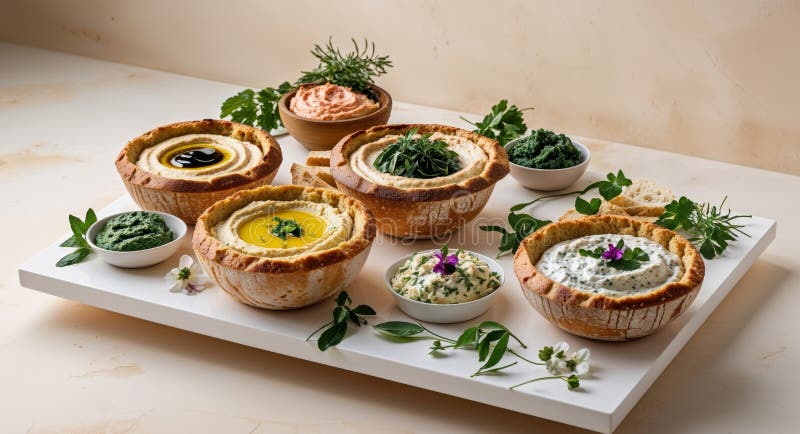 Assorted gourmet dips served in bread bowls for a delightful party spread royalty free stock images