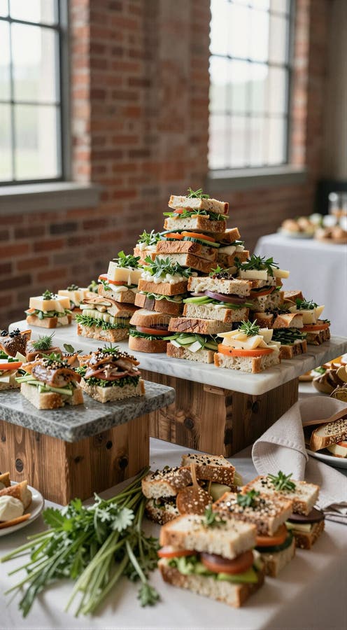 Assorted gourmet finger sandwiches and tea sandwich buffet display for event catering and reception background royalty free stock photos