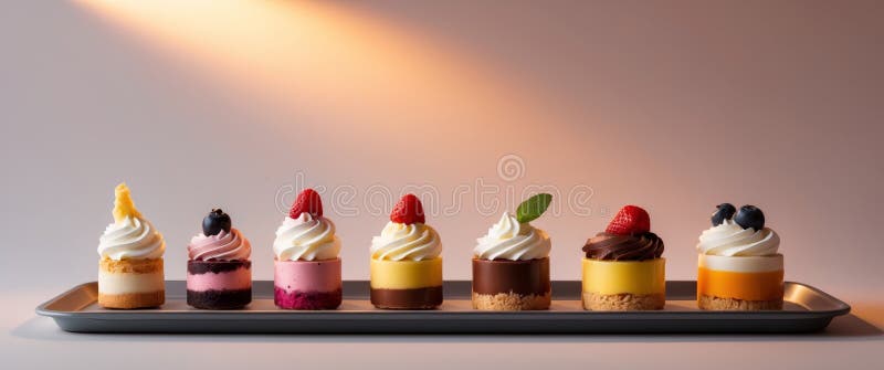 Assorted Gourmet Mini Cakes on Tray. Strawberry, Blueberry, Mango, and Chocolate Flavors royalty free stock photography