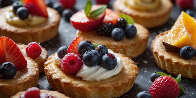 Assorted gourmet pastries with fresh fruit toppings. stock illustration