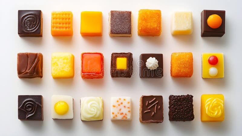 Assorted gourmet petit fours arranged in neat grid, featuring chocolate, fruit, and cream toppings. Vibrant colors stock photo