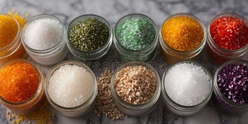 Assorted gourmet salts on marble background. royalty free stock photos