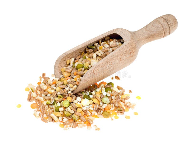 Assorted grains and pulses mix with wooden scoop, isolated on white. Winter food includes split peas, red and yellow lentils, pearl barley, kamut and spelt.